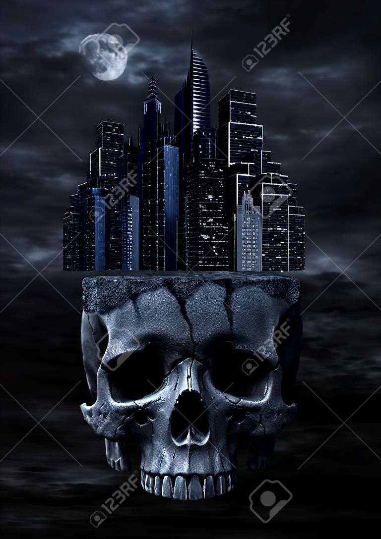 近代的な都市の夜空に石の頭蓋骨の上に腰掛けて夜の暗い街、3 D レンダリングします。
