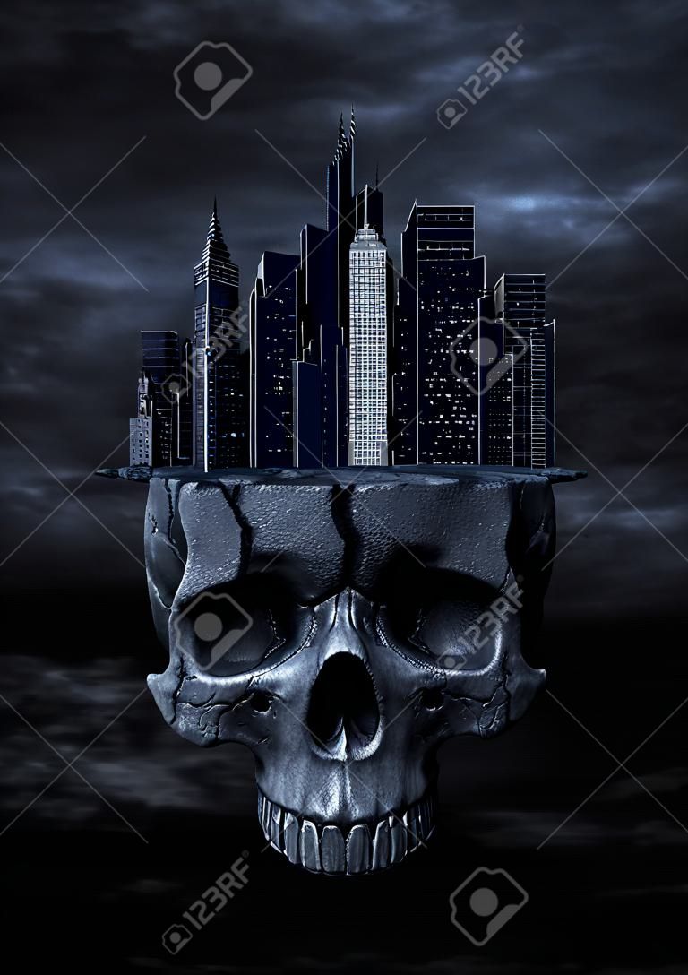 暗城3D渲染夜间现代城市栖息在石骷髅顶夜空