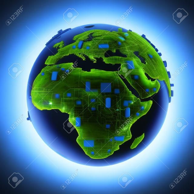 Data Earth  3D render of planet Earth with circuit board for land
