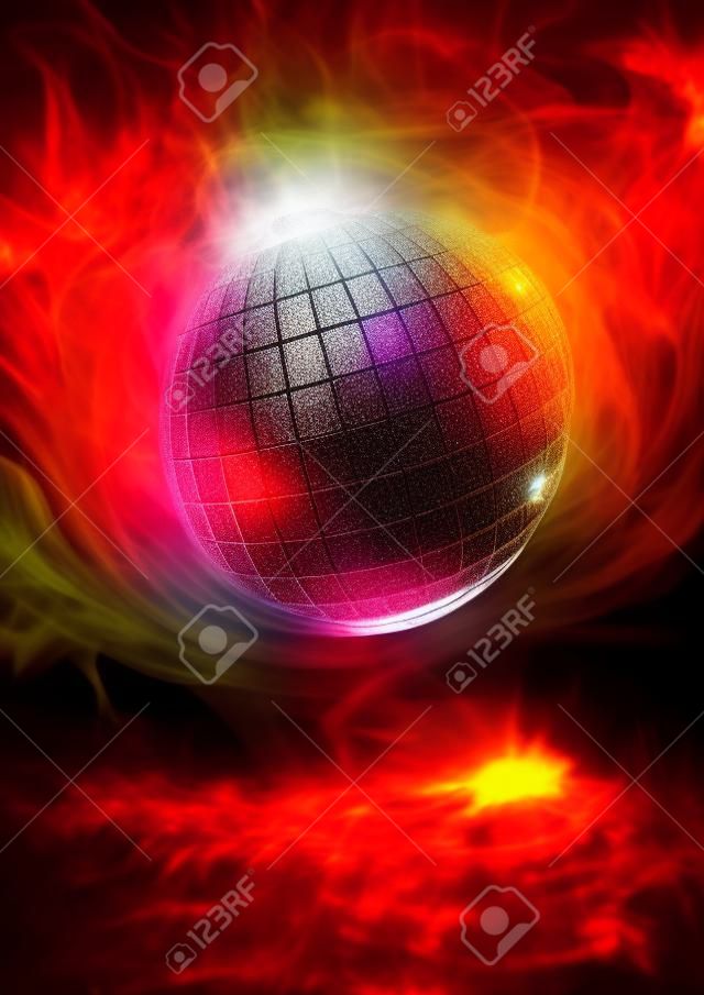 Disco infierno en llamas de fuego concepto bola de discoteca