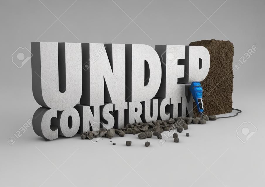 Under construction stone  3D render of under construction text cut from stone block with jackhammer