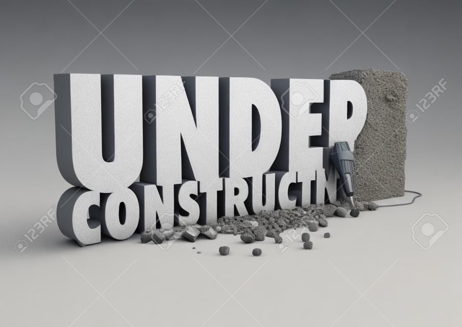 In costruzione in pietra 3D rendering di il testo in costruzione taglio da blocco di pietra con martello pneumatico