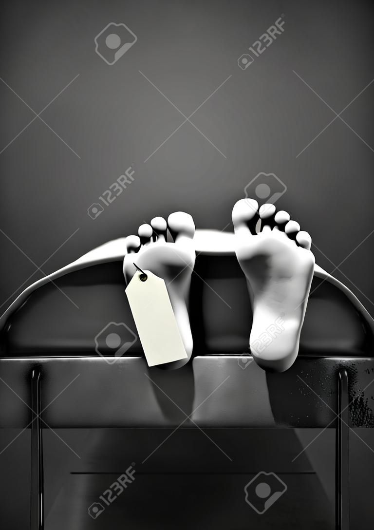 Toe tag  3D render of corpse with toe tag at the morgue