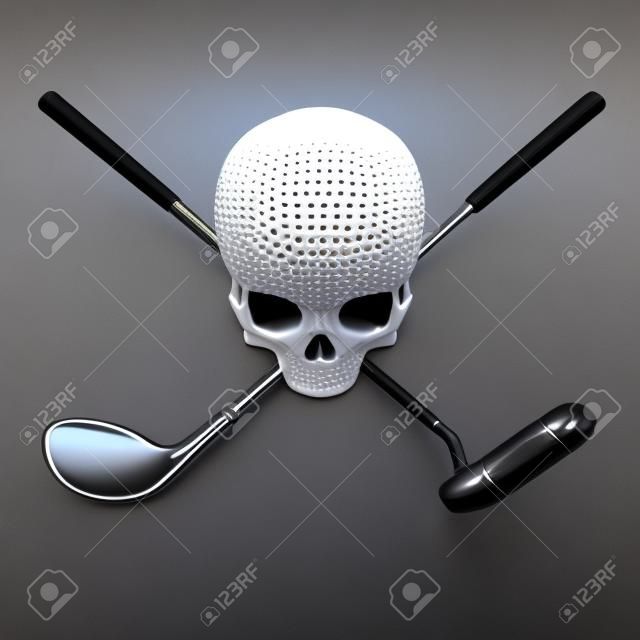 Golf ball skull / 3D illustration of skull shaped golf ball with crossed driver and putter clubs