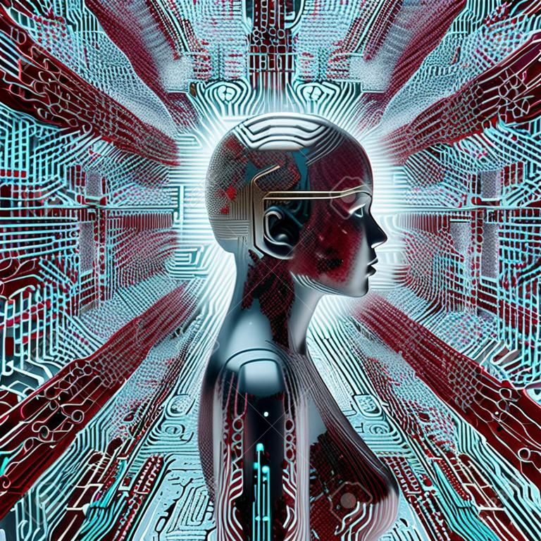 Artificial intelligence profile / 3D illustration of female AI at the centre of circuit board lines