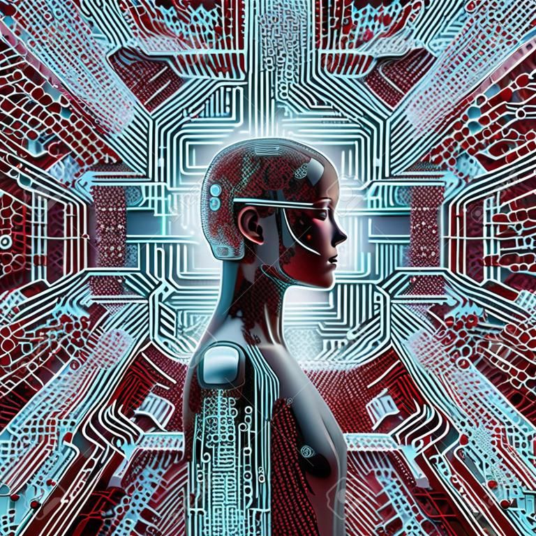 Artificial intelligence profile / 3D illustration of female AI at the centre of circuit board lines