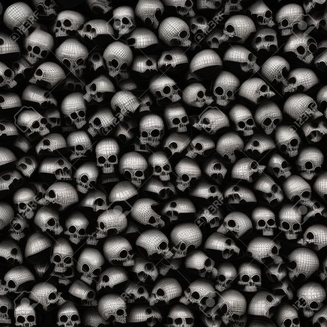 Gotyckie czaszki w tle / ilustracja 3D ciemnych grungy ludzkich czaszek ułożonych blisko siebie