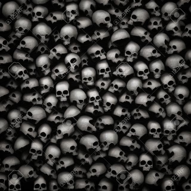 Gothische schedels achtergrond / 3D illustratie van donkere grungy menselijke schedels dicht bij elkaar opgestapeld