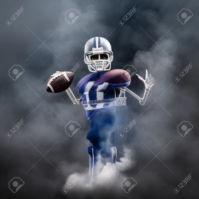 El mariscal de campo de fútbol fantasma / Ilustración 3D del esqueleto aterrador con fútbol americano, casco y hombreras emergiendo a través del humo