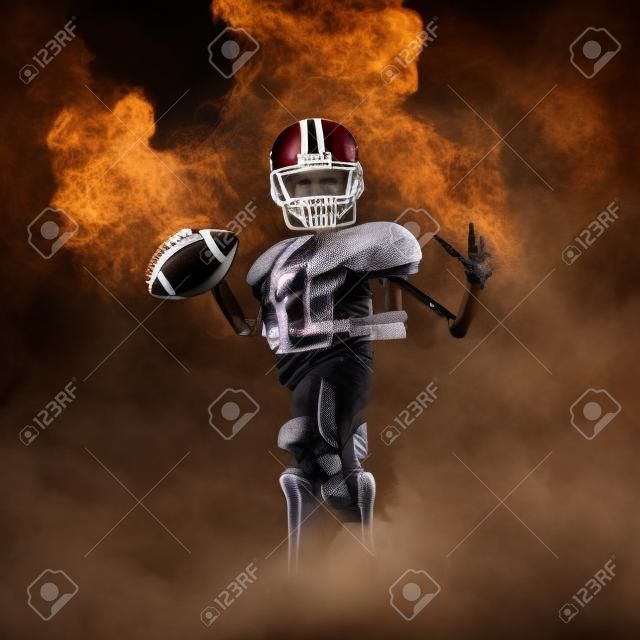 El mariscal de campo de fútbol fantasma / Ilustración 3D del esqueleto aterrador con fútbol americano, casco y hombreras emergiendo a través del humo