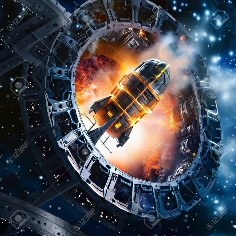 La puerta de Titán revisitada / Ilustración 3D de ciencia ficción nave espacial de crucero de batalla blindado pesado que llega a través de un portal mecánico gigante en el espacio exterior