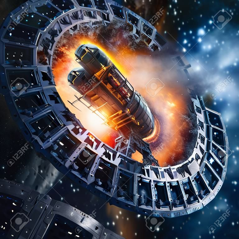 Titans Tor erneut besucht / 3D-Darstellung des schwer gepanzerten Science-Fiction-Schlachtkreuzer-Raumschiffs, das durch ein riesiges mechanisches Portal im Weltraum ankommt