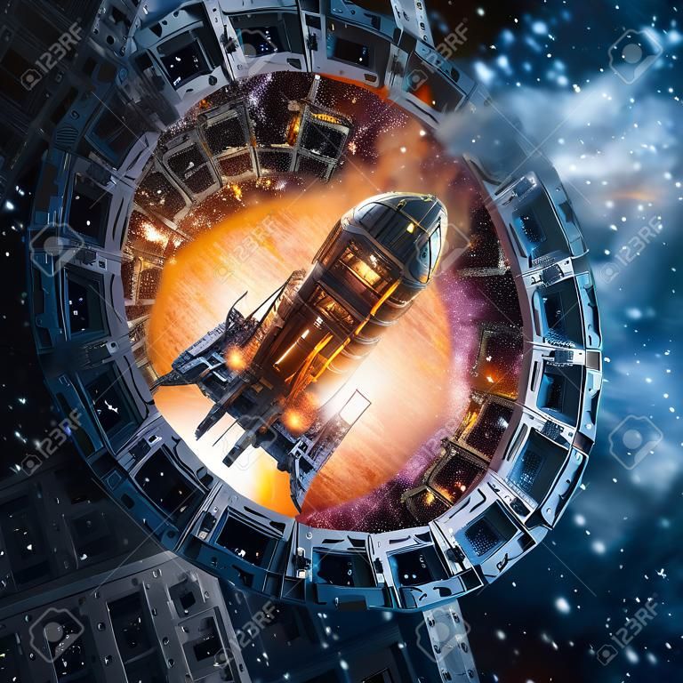 Titans Tor erneut besucht / 3D-Darstellung des schwer gepanzerten Science-Fiction-Schlachtkreuzer-Raumschiffs, das durch ein riesiges mechanisches Portal im Weltraum ankommt