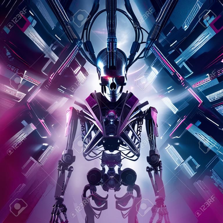Ceifador de inteligência artificial de ficção científica esqueleto humanóide android dentro núcleo de computador futurista