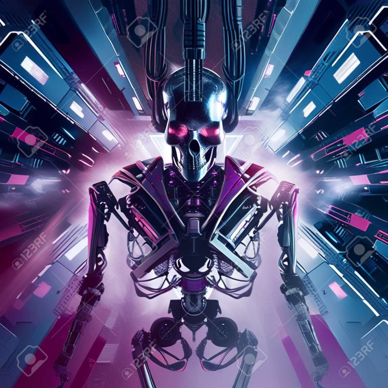 Ceifador de inteligência artificial de ficção científica esqueleto humanóide android dentro núcleo de computador futurista