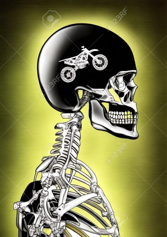 X-ray motocross fan of human skeleton x-ray showing dirt bike inside head