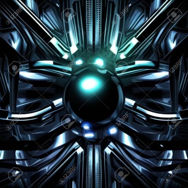 Il globo scuro / illustrazione 3D della sfera nera lucida di fantascienza all'interno di complessi macchinari futuristici alieni cromati