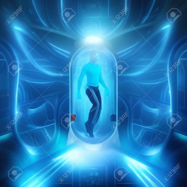 Kapsuła z klonem mężczyzny w scenie science fiction przedstawiająca ludzką męską postać wewnątrz złożonej, futurystycznej maszyny do klonowania z inkubatora