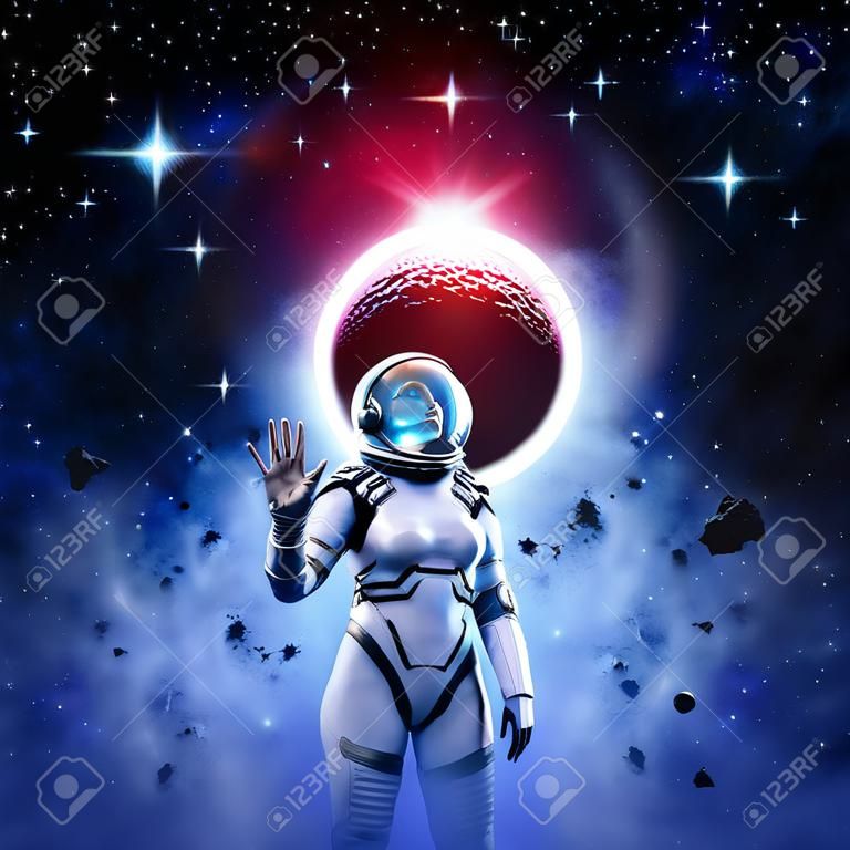 Science fiction female astronaut raising hand in greeting before solar eclipse in outer space