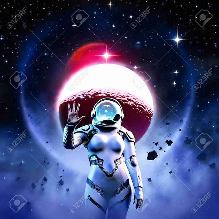 Science fiction female astronaut raising hand in greeting before solar eclipse in outer space