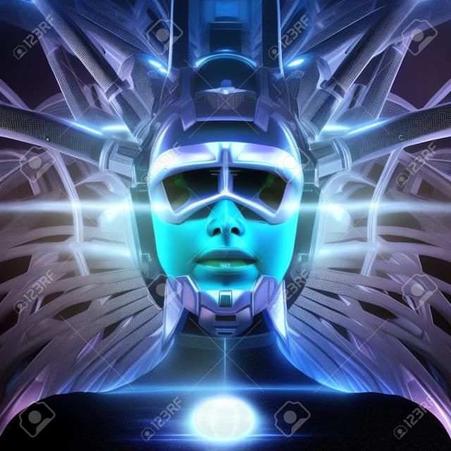 Reina cableada - Ilustración 3d de inteligencia artificial androide alienígena femenina enmascarada de ciencia ficción