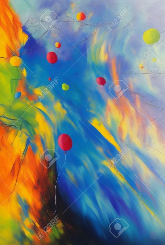pittura di palloncini colorati galleggianti nel cielo, circondato da scogliere