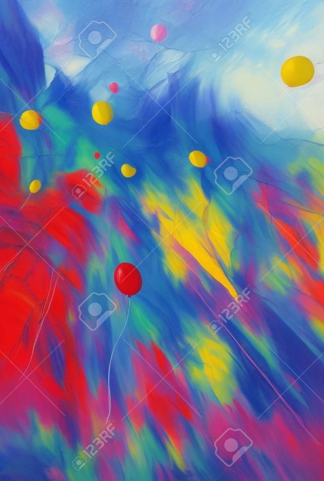 pittura di palloncini colorati galleggianti nel cielo, circondato da scogliere