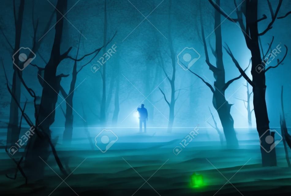 man met lantaarn staat in donker bos met mist, illustratie schilderij