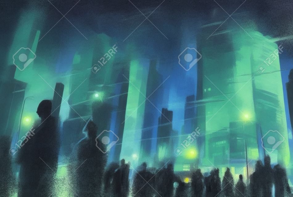 painting of people in a city park at night,illustration