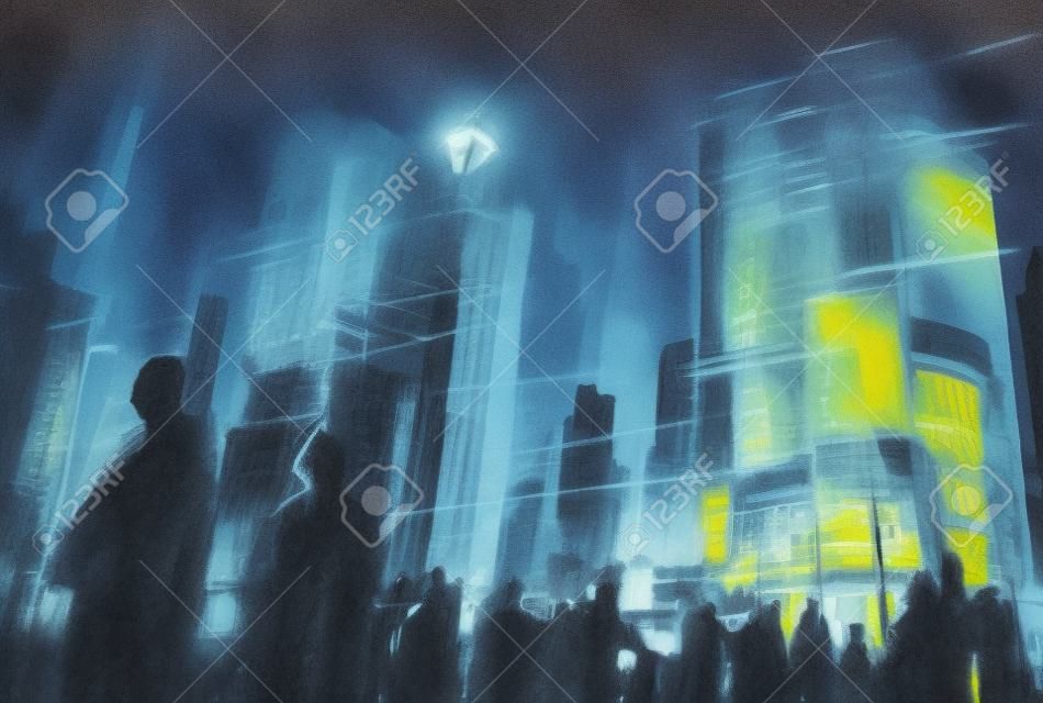 pittura di persone in un parco della città di notte, illustrazione