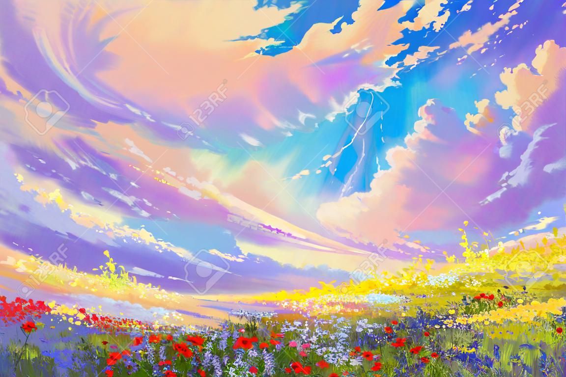 flores coloridas no campo sob belas nuvens, pintura ajardine