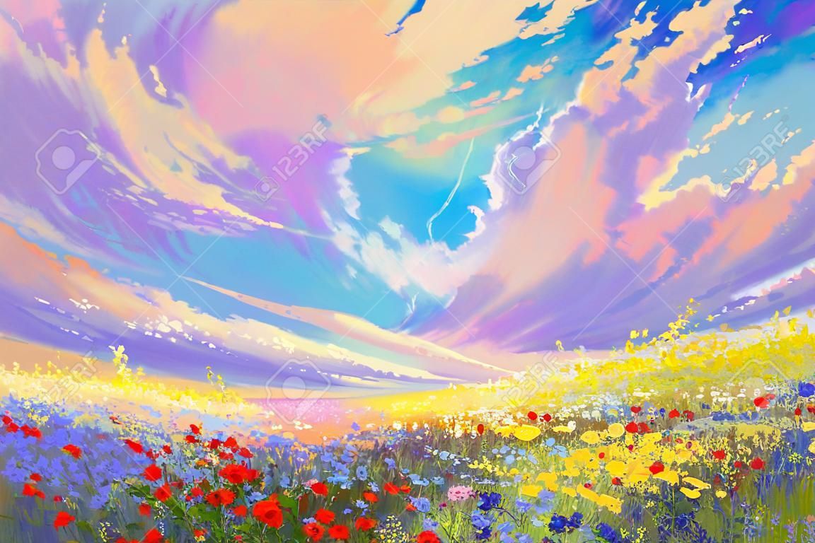 flores coloridas no campo sob belas nuvens, pintura ajardine