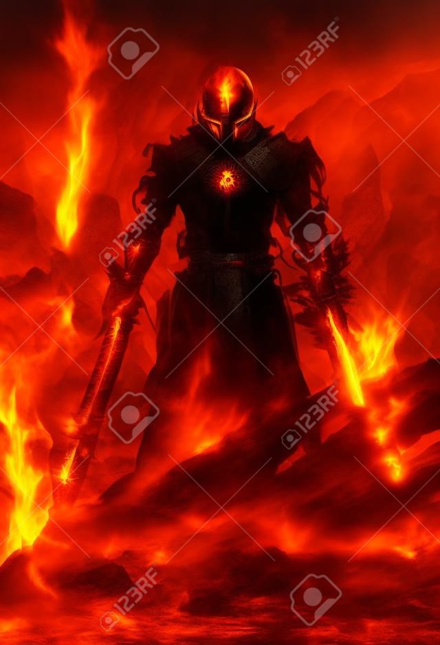 Воин позирует с мечами пламени пожара на огне фоне, иллюстрации картины