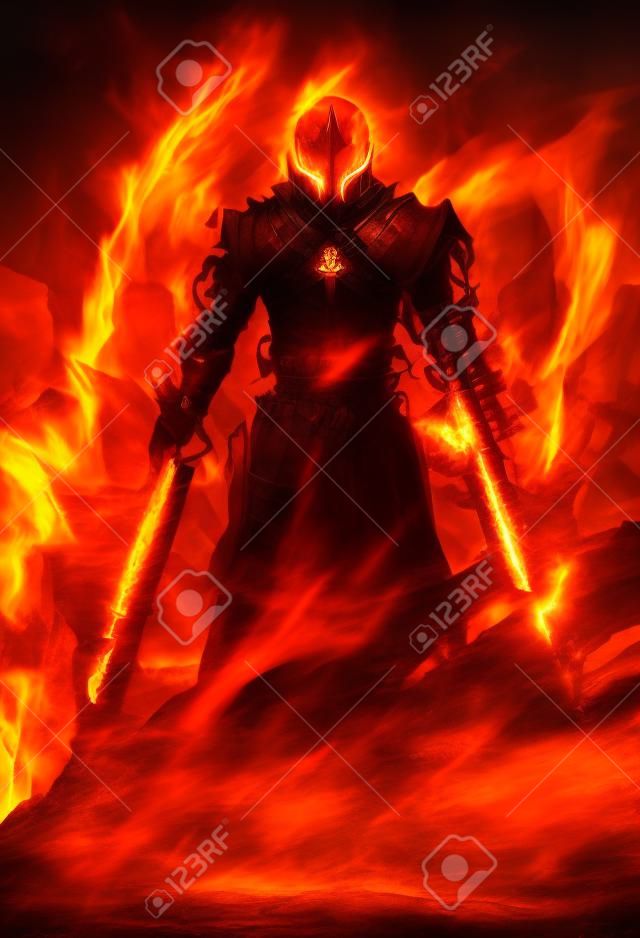 guerreiro posando com espadas de chama de fogo no fundo de fogo, pintura de ilustração