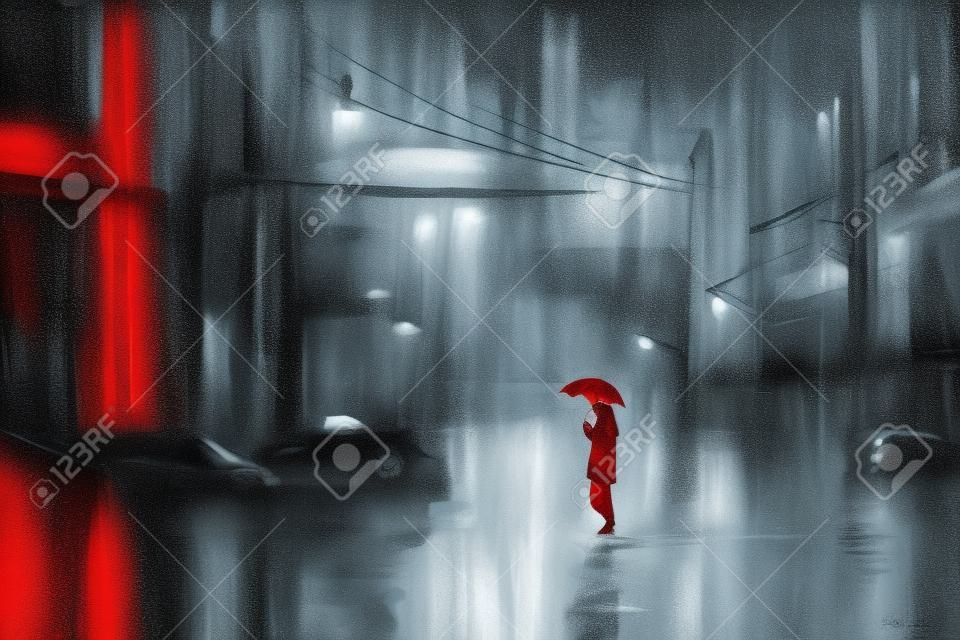 femme avec parapluie rouge traversant la rue, nuit pluvieuse, illustration