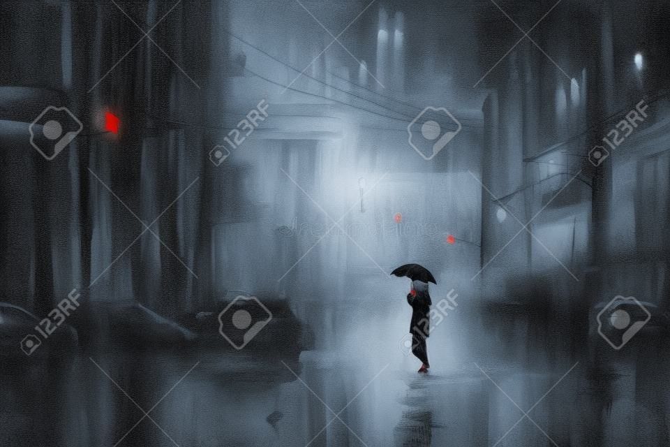 mulher com guarda-chuva vermelho cruzando a rua, noite de chuva, ilustração