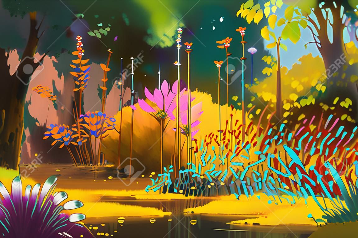 foresta di fantasia con piante e fiori colorati, illustrazione pittura