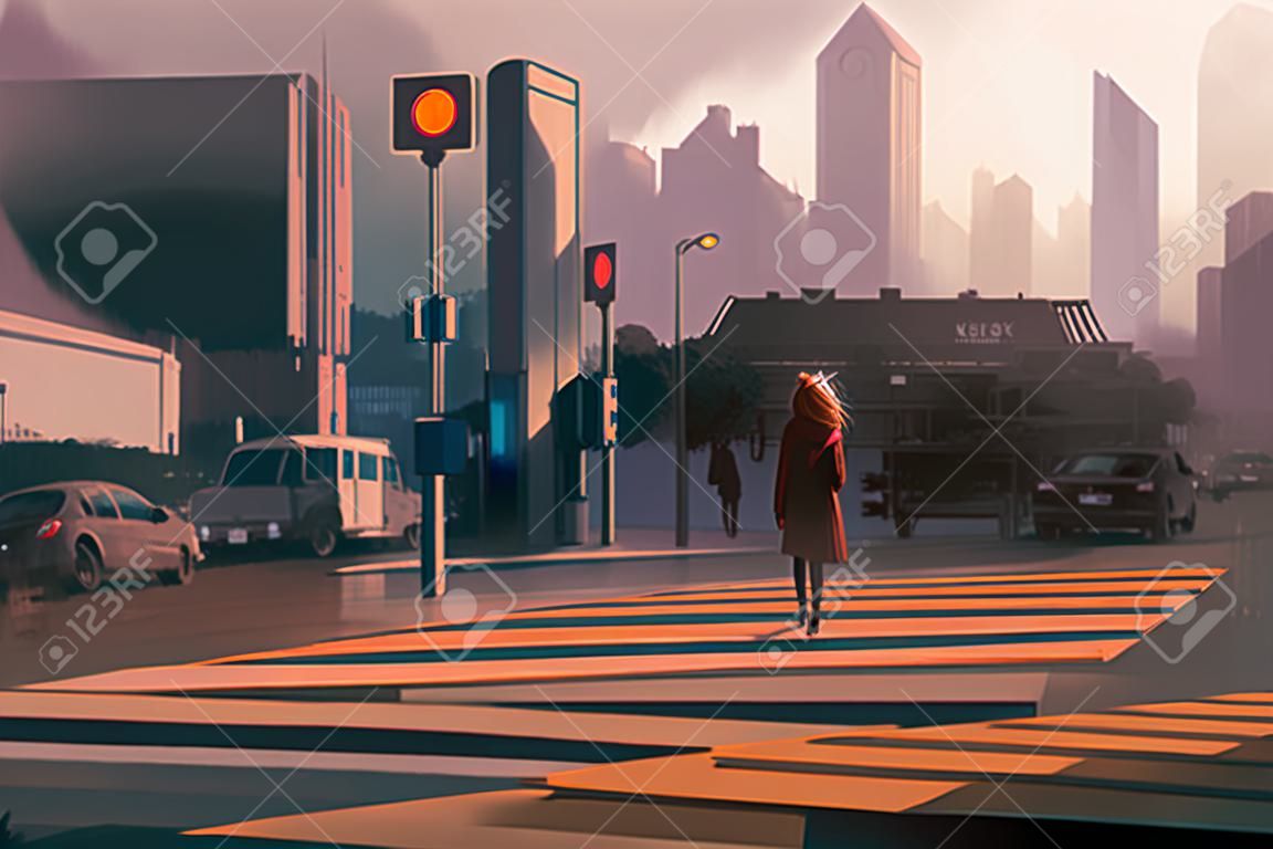 magányos nő, álló, városi gyalogos átkelés, illusztráció festmény