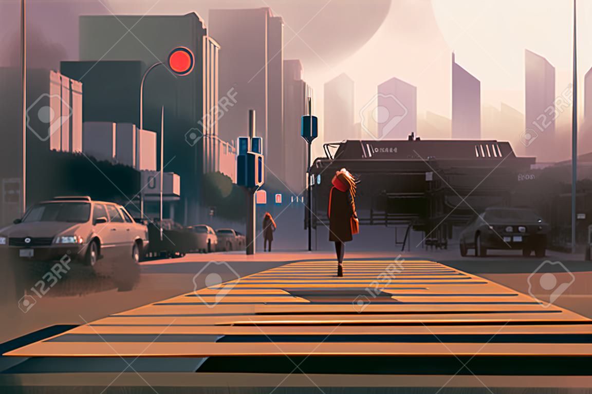magányos nő, álló, városi gyalogos átkelés, illusztráció festmény