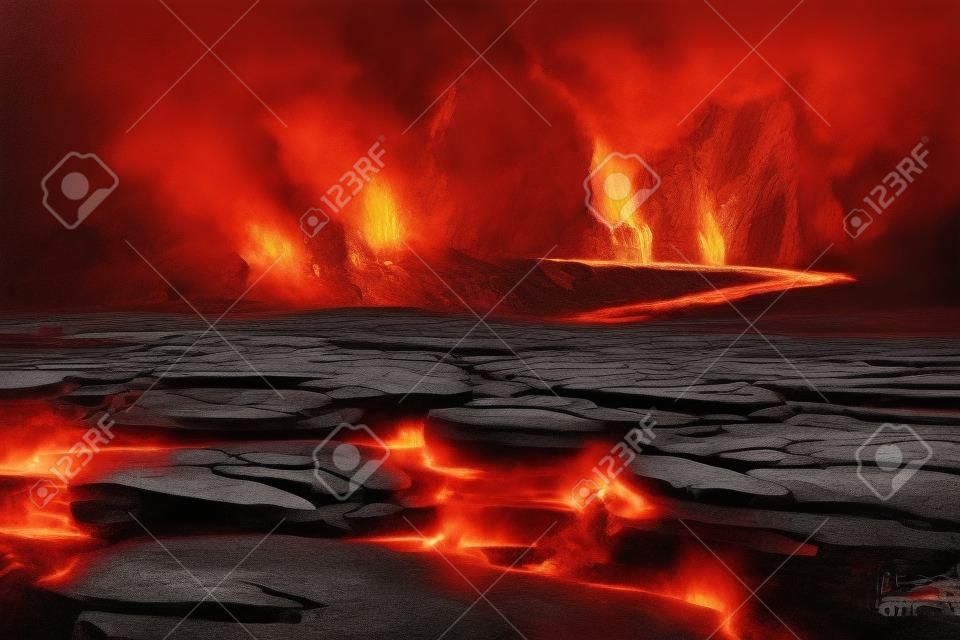 grietas en el suelo con el magma, el hombre caminando sobre el puente de roca con el humo, paisaje volcánico, ilustración pintura