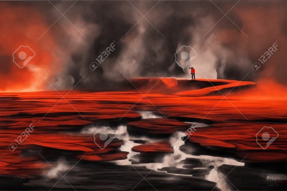 마그마가 지상에 균열이 남자는 연기, 화산 풍경, 그림 그리기와 바위 다리에 걸어