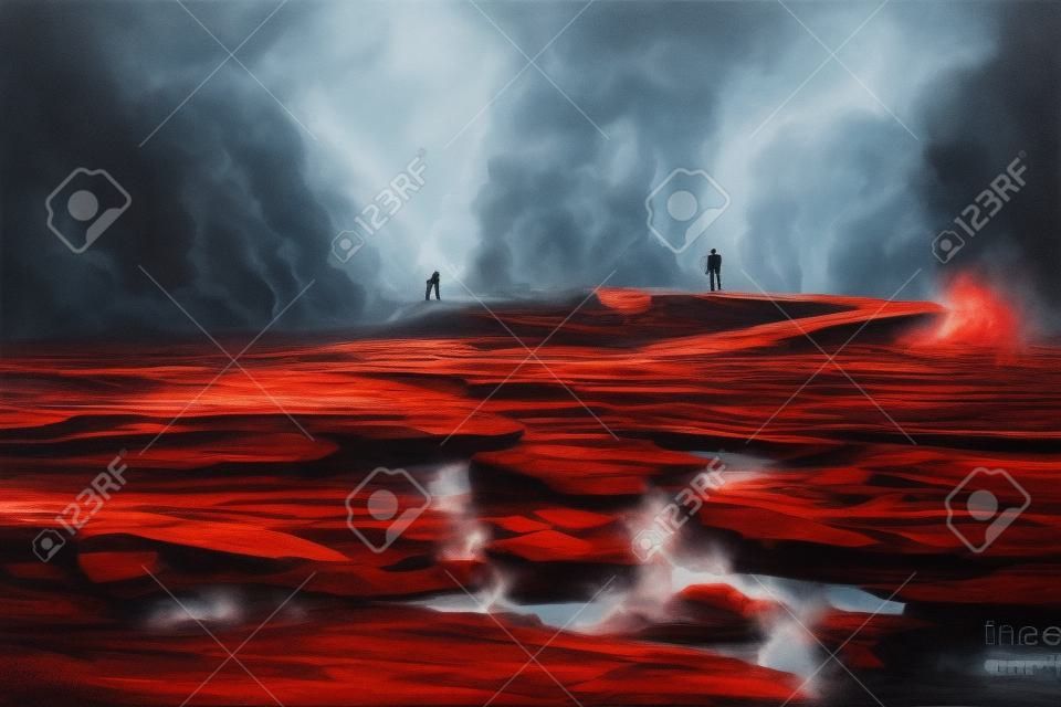 magma ile toprağa çatlaklar, adam duman, volkanik manzara, illüstrasyon boyama ile kaya köprüde yürüyen