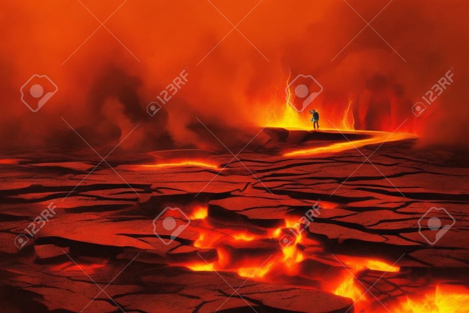 cracks in the ground with magma,man walking on the rock bridge with smoke,volcanic landscape,illustration painting