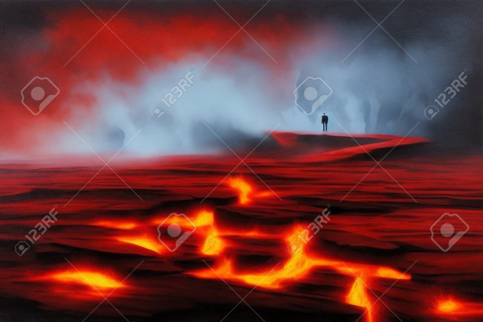 grietas en el suelo con el magma, el hombre caminando sobre el puente de roca con el humo, paisaje volcánico, ilustración pintura