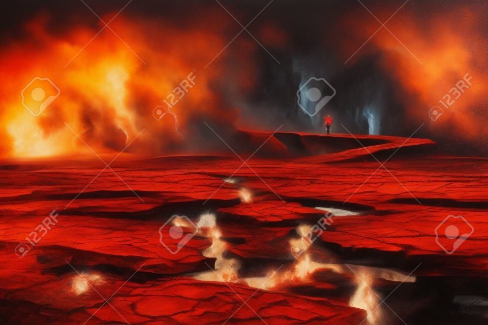 cracks in the ground with magma,man walking on the rock bridge with smoke,volcanic landscape,illustration painting