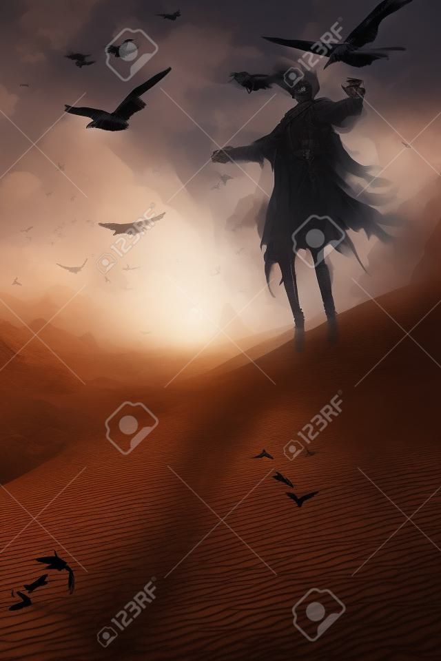 fantôme avec le vol des corbeaux dans le désert, illustration, peinture numérique