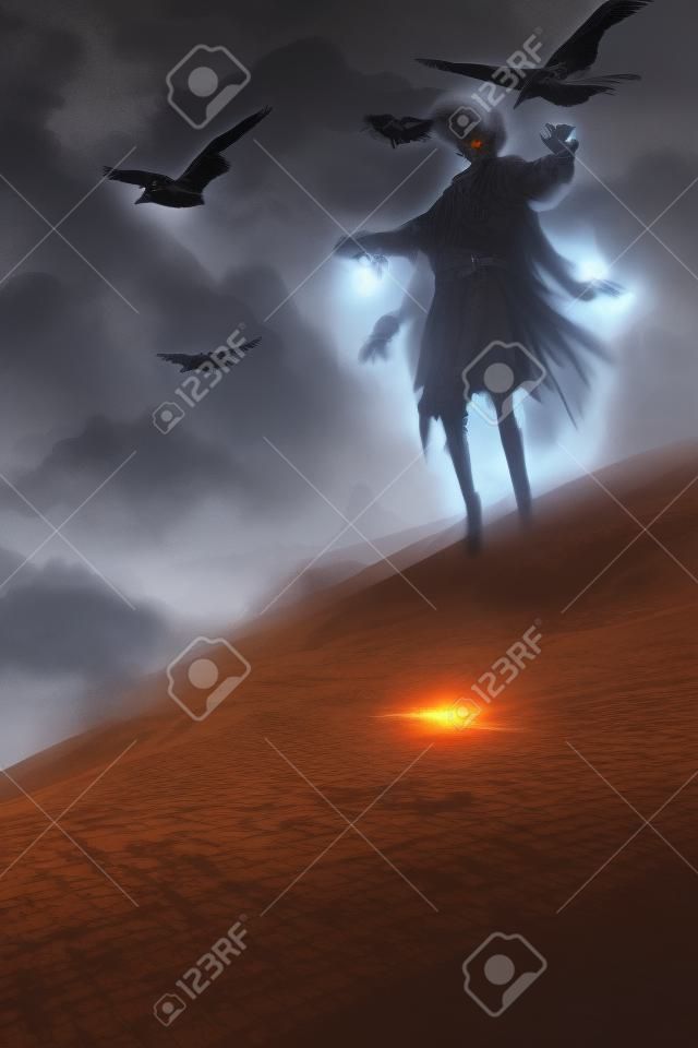 fantôme avec le vol des corbeaux dans le désert, illustration, peinture numérique
