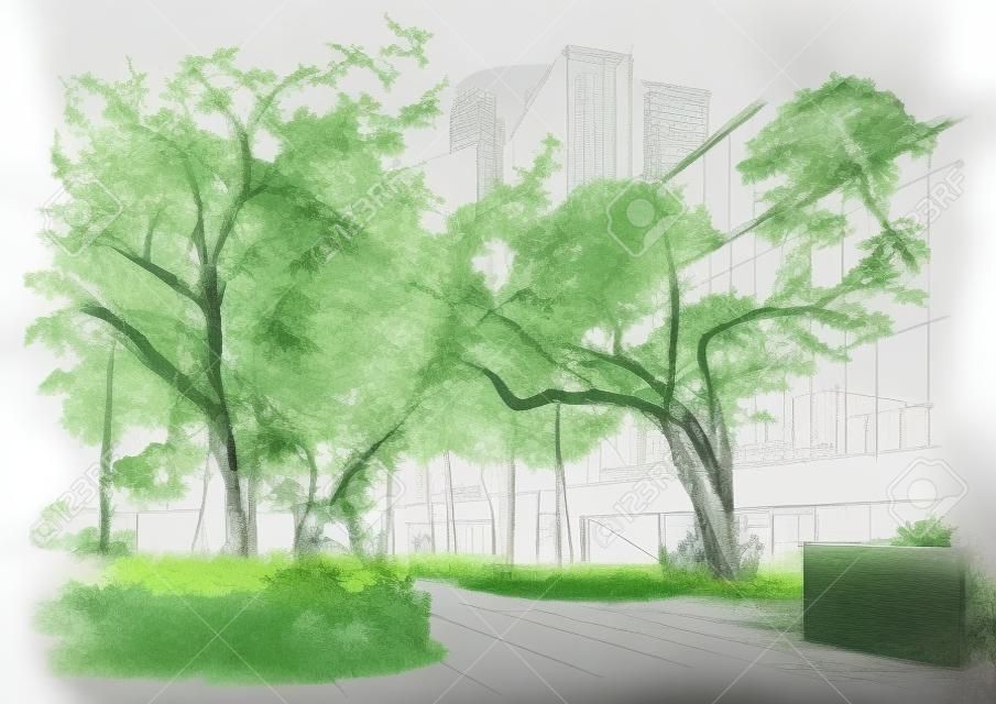 szkic krajobrazu miasta, ławka w parku pod drzewami