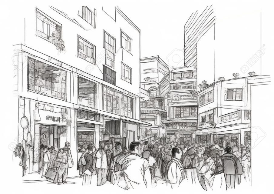 sketch of crowd of people in shopping street