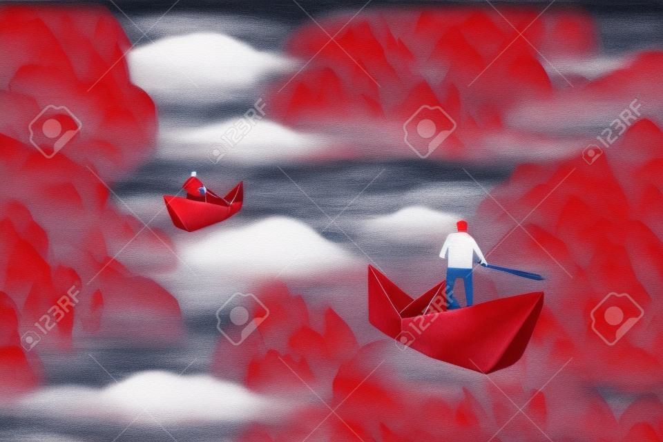 Männer auf Origami rote Papierboote in den bewölkten Himmel schwimmen, Illustration,